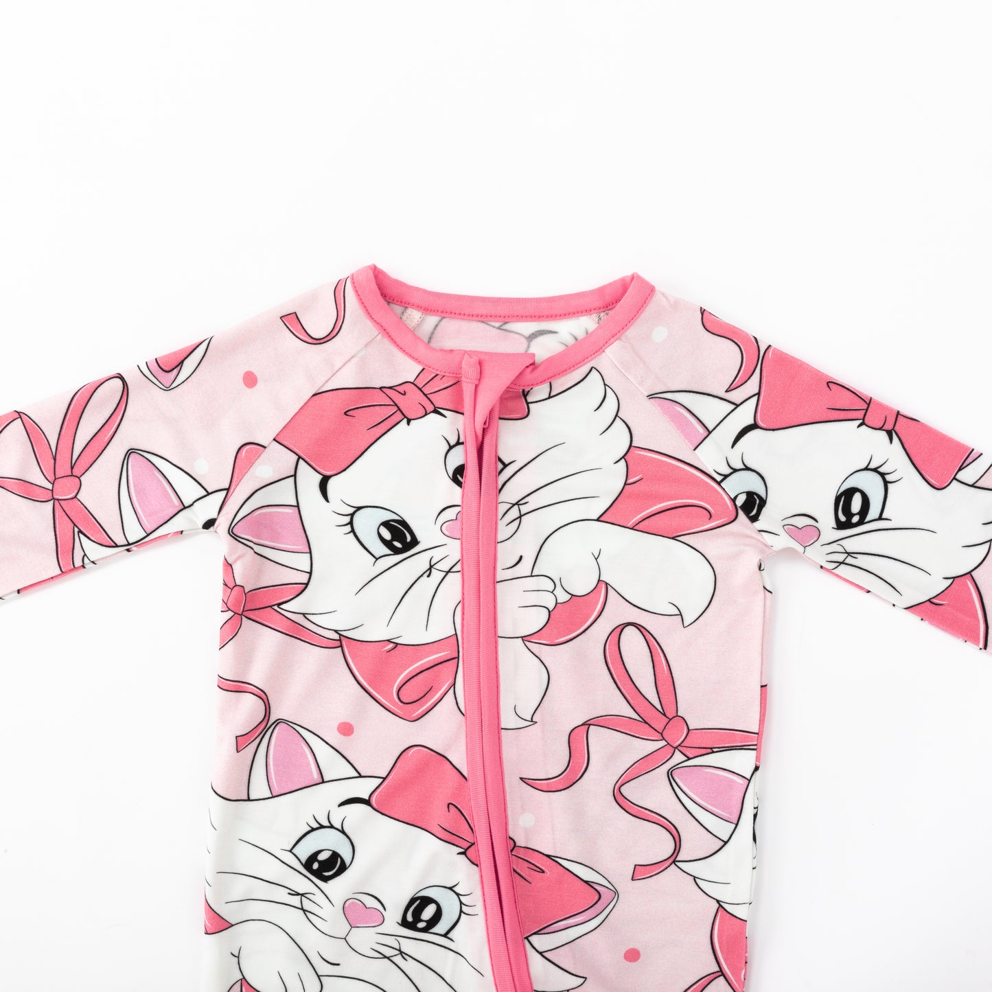 Pink Bow Cat Bamboo Zipper Romper Pajamas