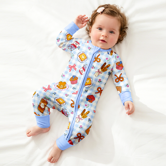 Sweet Bakery and Flower Bow in Blue Check Bamboo Zipper Romper Pajamas