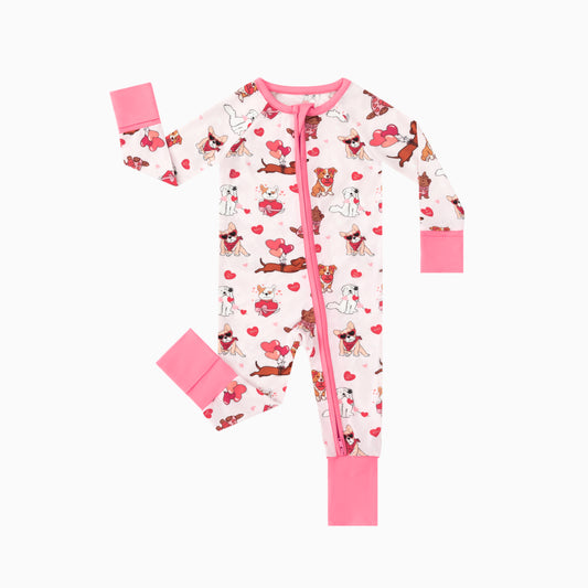 Valentine Heart Puppy Cuddle Crew Pink Bamboo Zipper Romper Pajamas