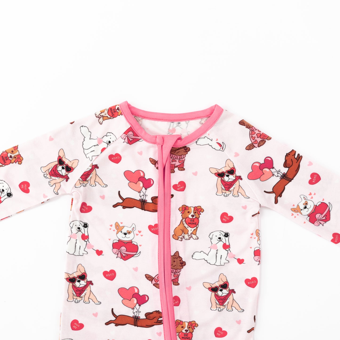 Valentine Heart Puppy Cuddle Crew Pink Bamboo Zipper Romper Pajamas