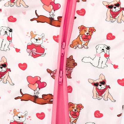 Valentine Heart Puppy Cuddle Crew Pink Bamboo Zipper Romper Pajamas