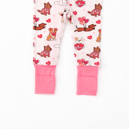 Valentine Heart Puppy Cuddle Crew Pink Bamboo Zipper Romper Pajamas