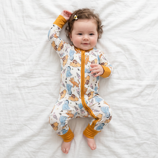 Cartoon Bear Piglet Pattern Bamboo Zipper Pajama