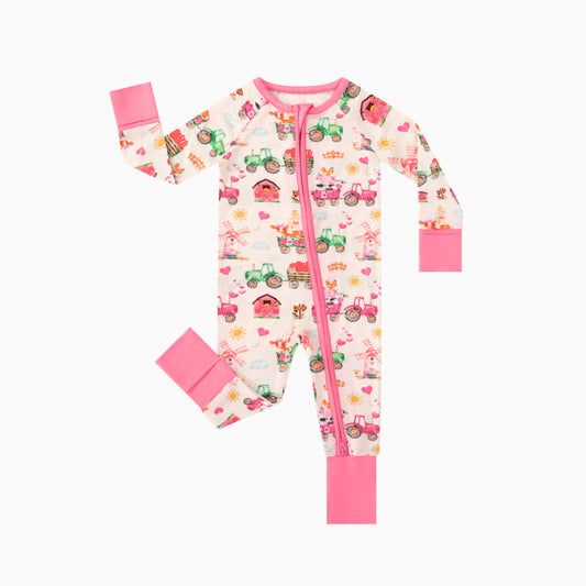 Valentine Farm Adventure Ride and Hearts Pink Bamboo Zipper Romper Pajamas