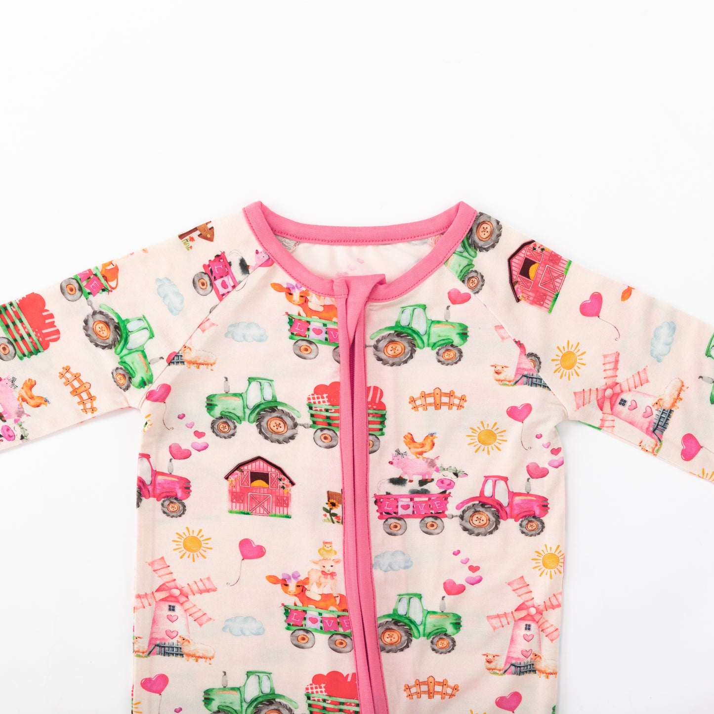 Valentine Farm Adventure Ride and Hearts Pink Bamboo Zipper Romper Pajamas