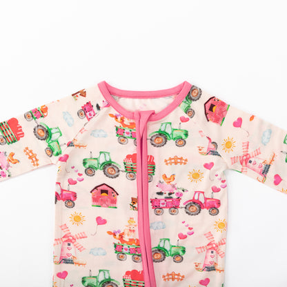 Valentine Farm Adventure Ride and Hearts Pink Bamboo Zipper Romper Pajamas