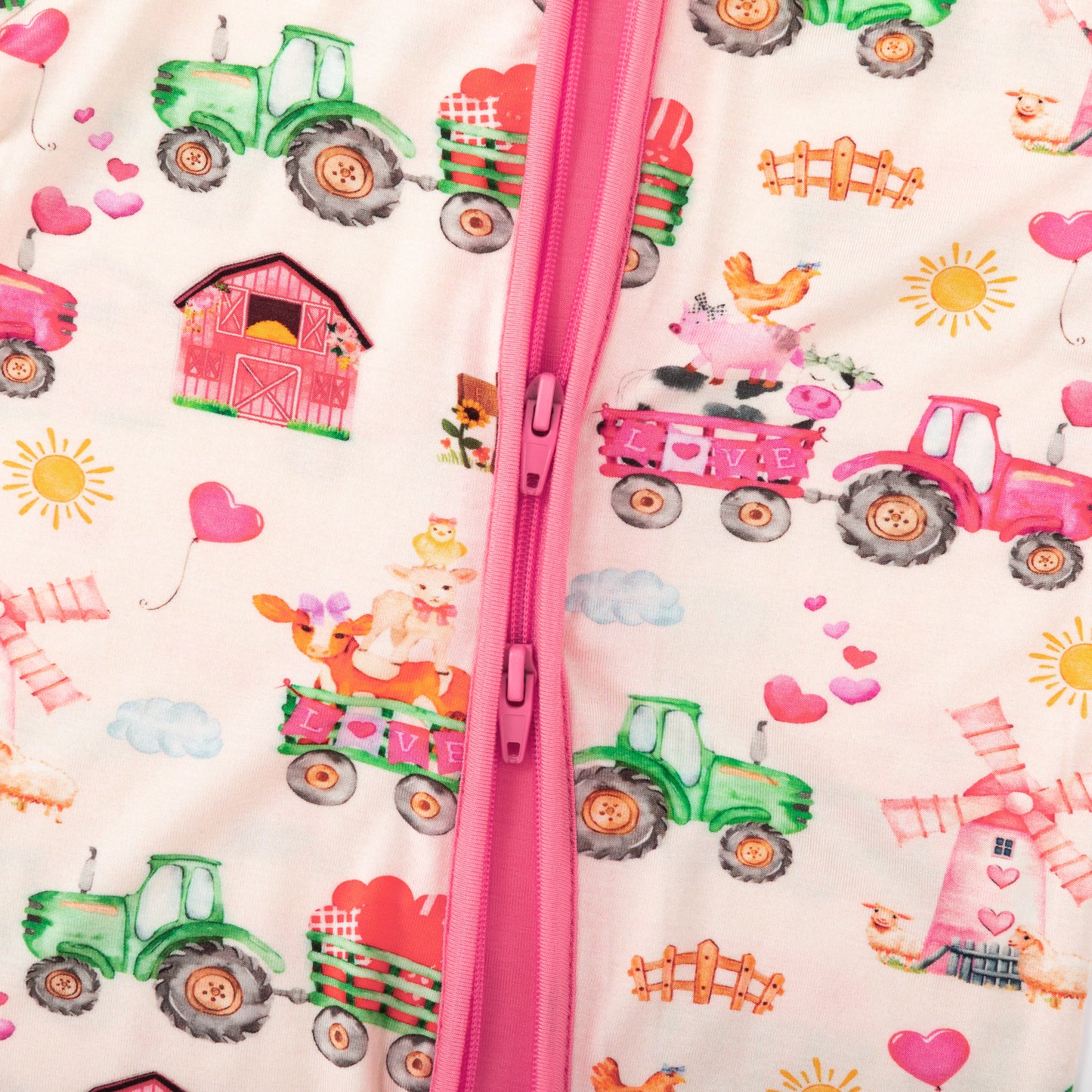 Valentine Farm Adventure Ride and Hearts Pink Bamboo Zipper Romper Pajamas