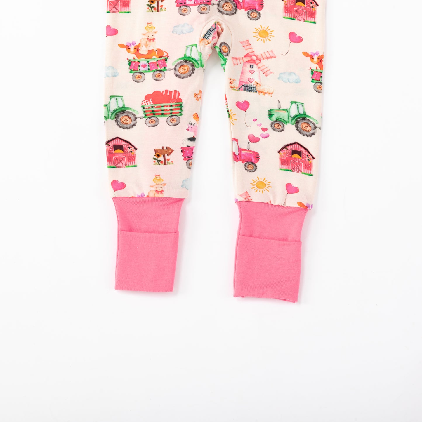 Valentine Farm Adventure Ride and Hearts Pink Bamboo Zipper Romper Pajamas