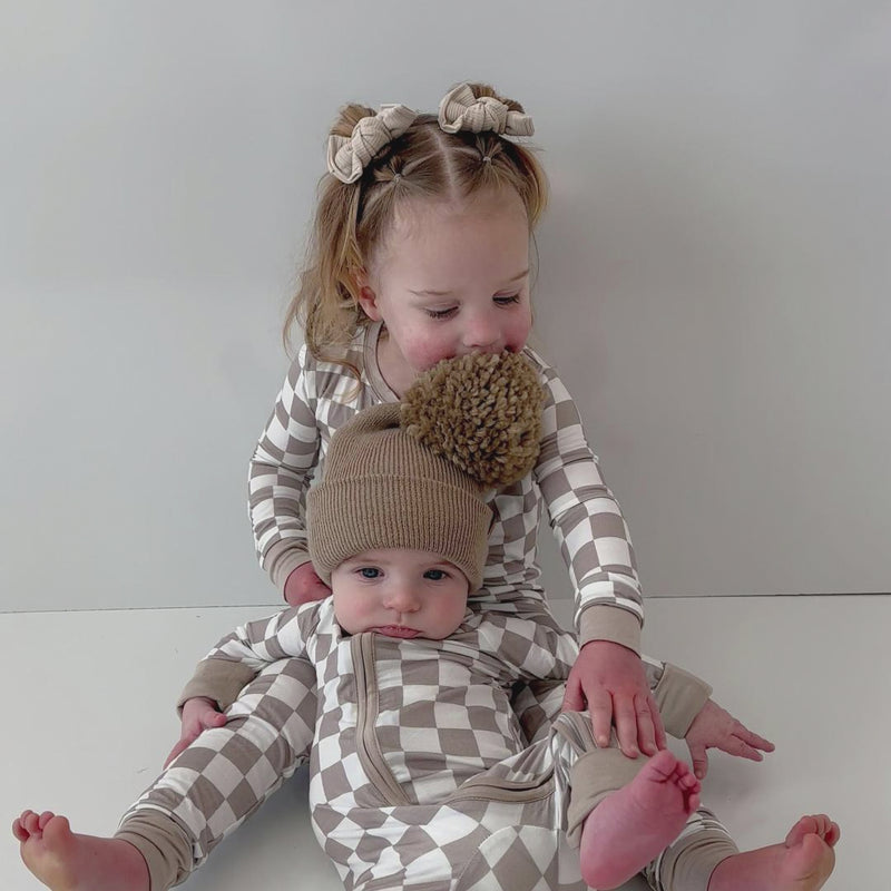 Light Gray Checkerboard Bamboo Zipper Romper Pajamas