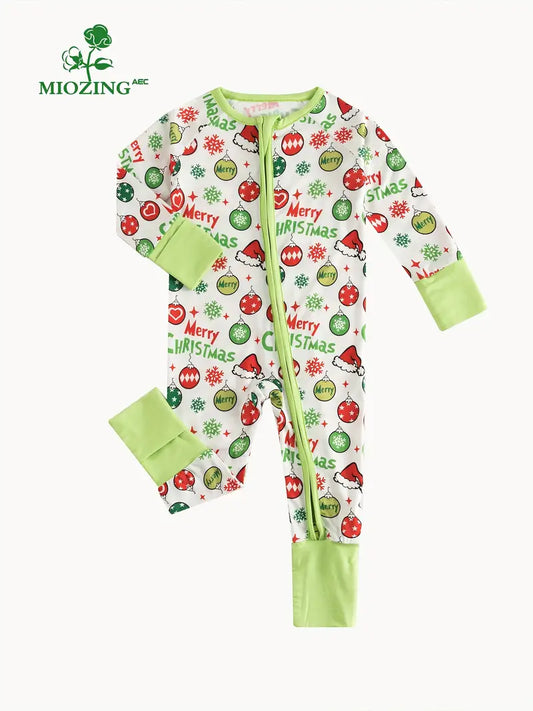 Christmas Balloon Santa Hat Print Long Sleeve Zippered Jumpsuit For Baby Girls, Cute Style, MIOZING Brand