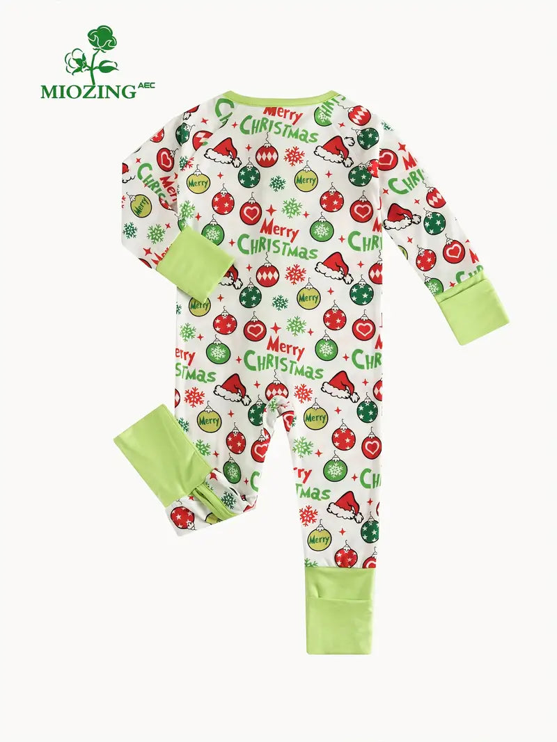 Christmas Balloon Santa Hat Print Long Sleeve Zippered Jumpsuit For Baby Girls, Cute Style, MIOZING Brand