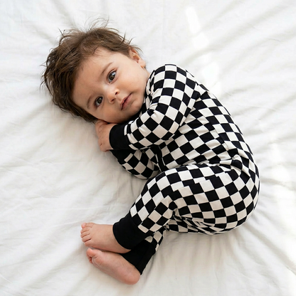 Black and White Checkerboard Bamboo Zipper Romper Pajamas
