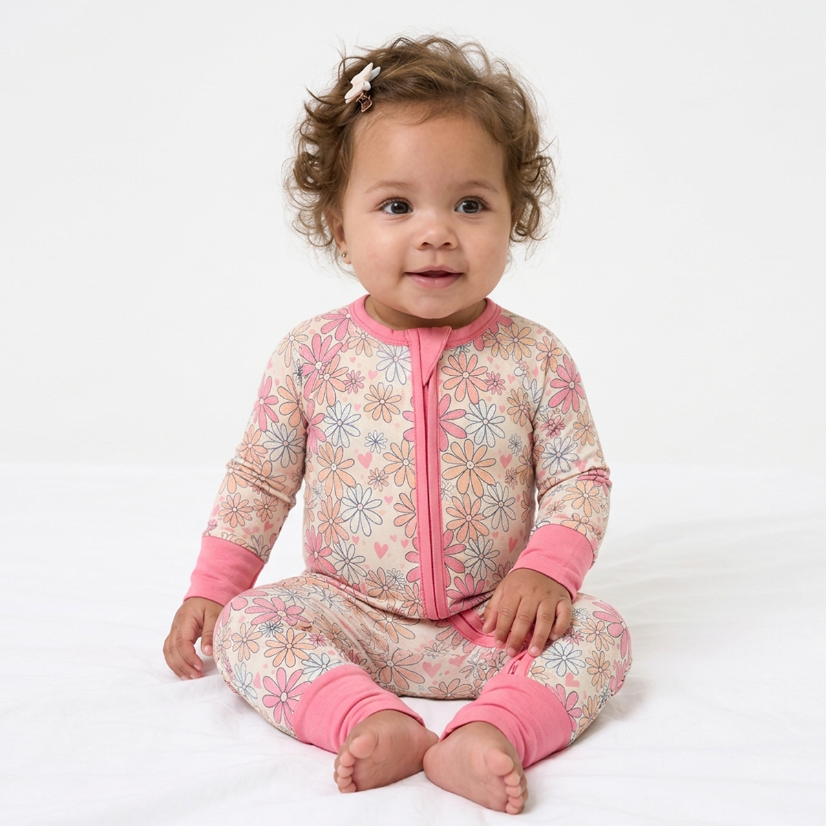 Baby Bamboo Zipper Pajama Romper Flower Pink