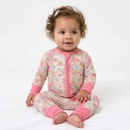 Baby Bamboo Zipper Pajama Romper Flower Pink