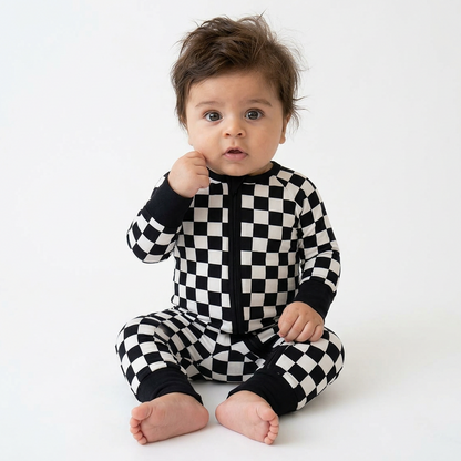 Black and White Checkerboard Bamboo Zipper Romper Pajamas
