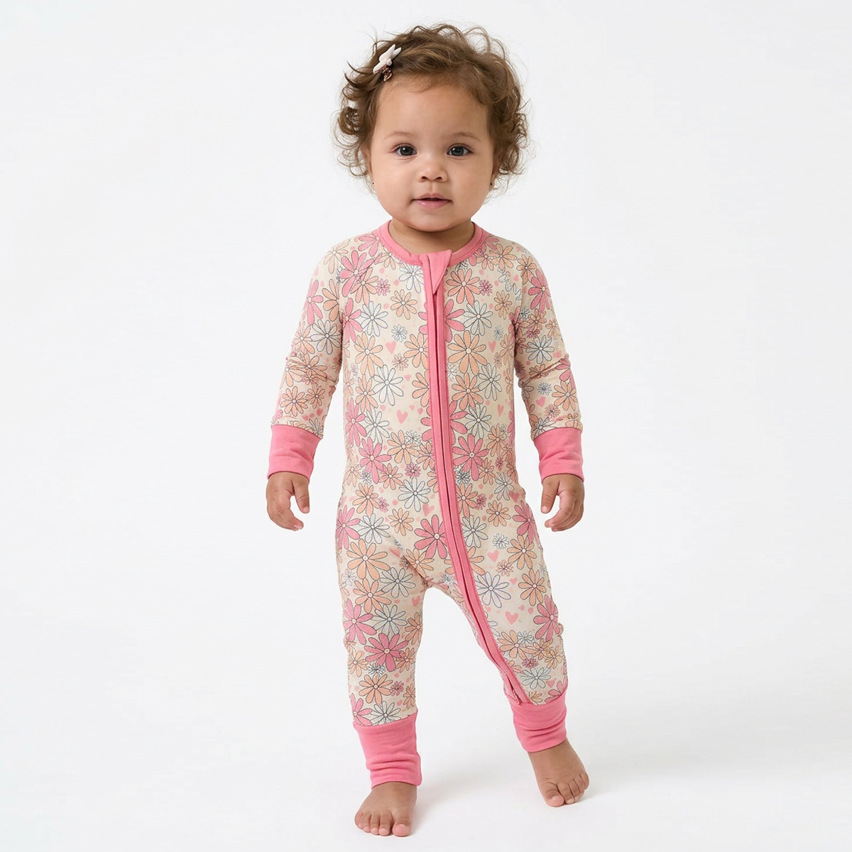 Baby Bamboo Zipper Pajama Romper Flower Pink