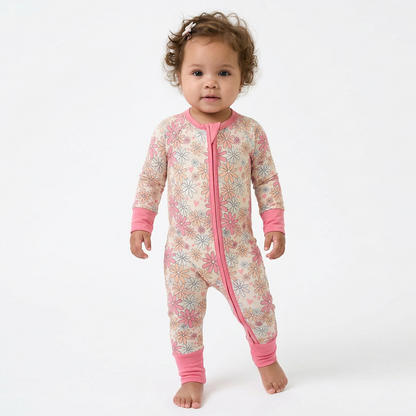 Baby Bamboo Zipper Pajama Romper Flower Pink