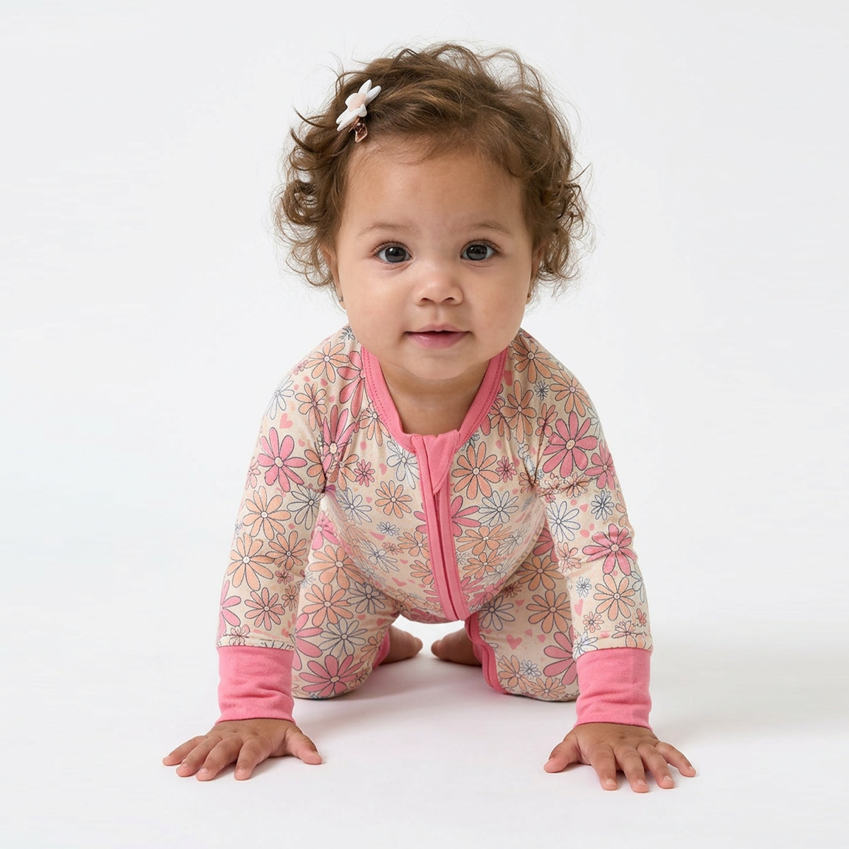 Baby Bamboo Zipper Pajama Romper Flower Pink