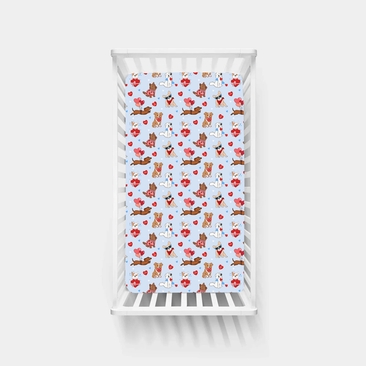 Valentine Heart Puppy Cuddle Crew Blue Bamboo Fitted Crib Sheet