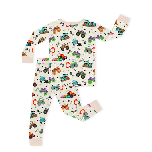 Big Wheels Truck Race Journey on Apricot Kids Bamboo Two-Piece Pajama Set
