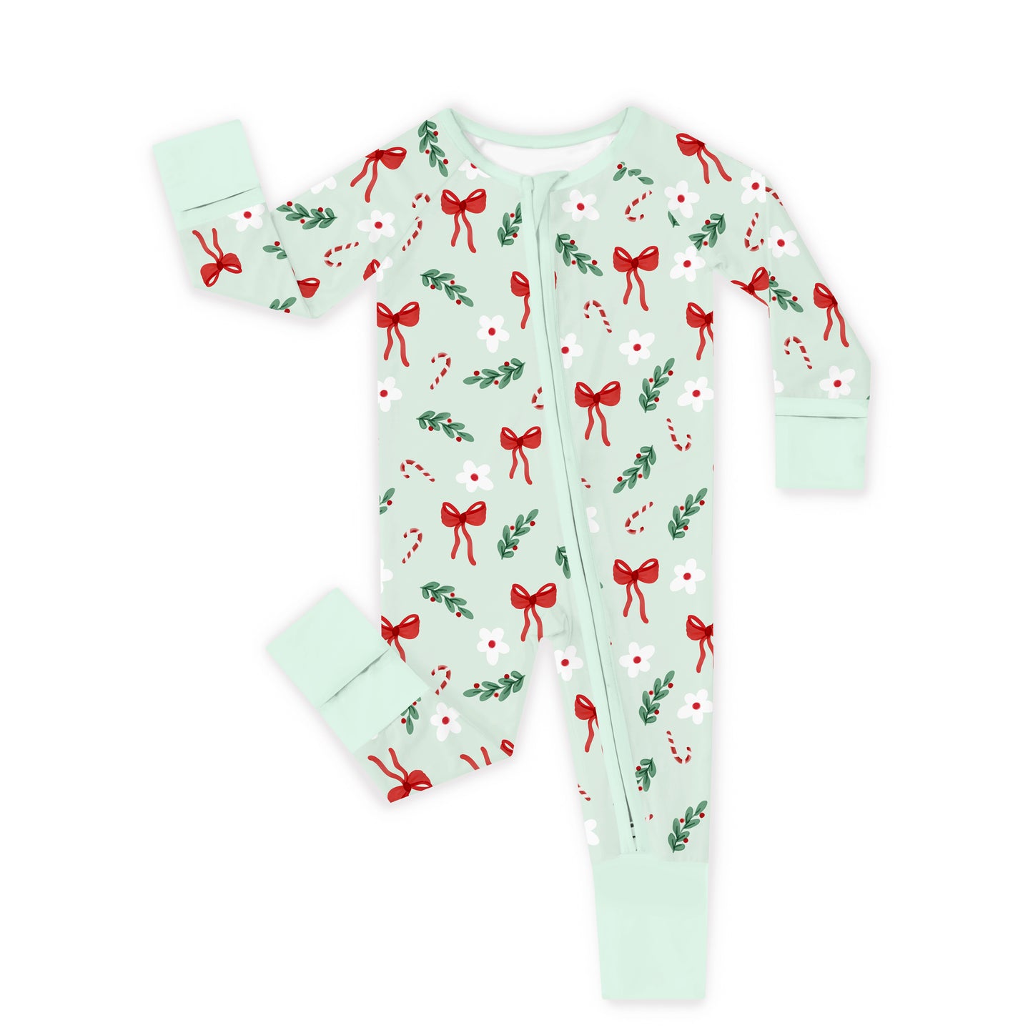 Christmas Bows and Candy Cane Garden Baby Bamboo Zipper Pajama Romper