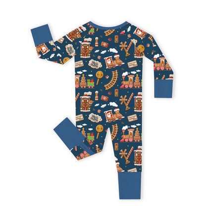 Christmas Gingerbread Train Navy Baby Bamboo Zipper Pajama Romper