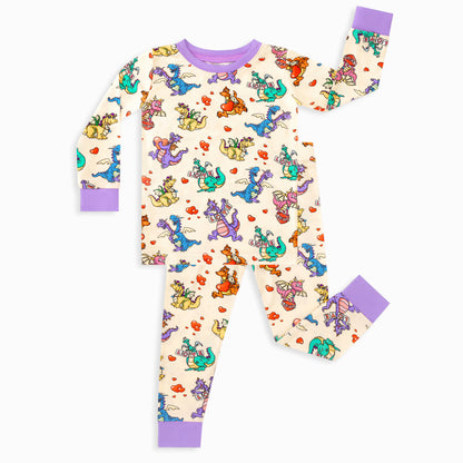 Valentine Dino Love Adventure and Hearts Kids Bamboo Two-Piece Pajama Set
