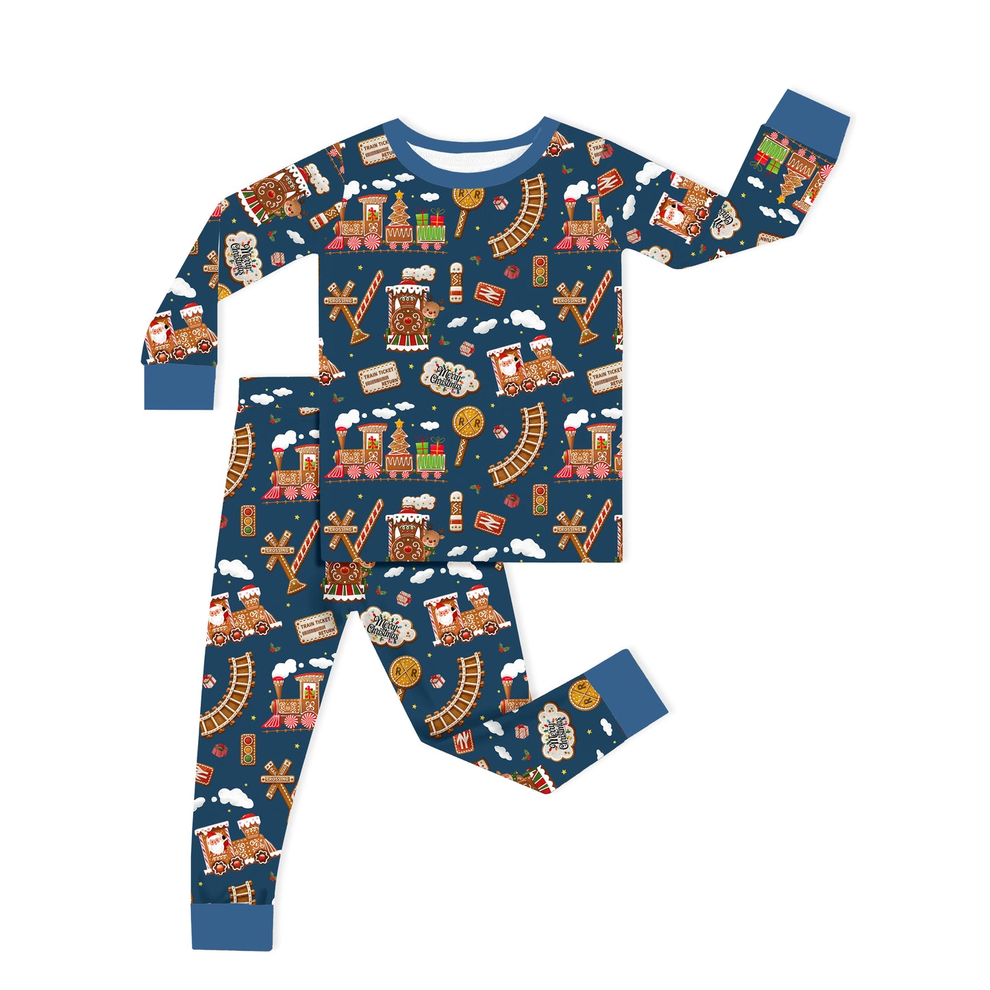 Christmas Gingerbread Train Navy Kids Bamboo Two-Piece Pajama Set