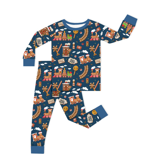 Christmas Gingerbread Train Navy Kids Bamboo Two-Piece Pajama Set