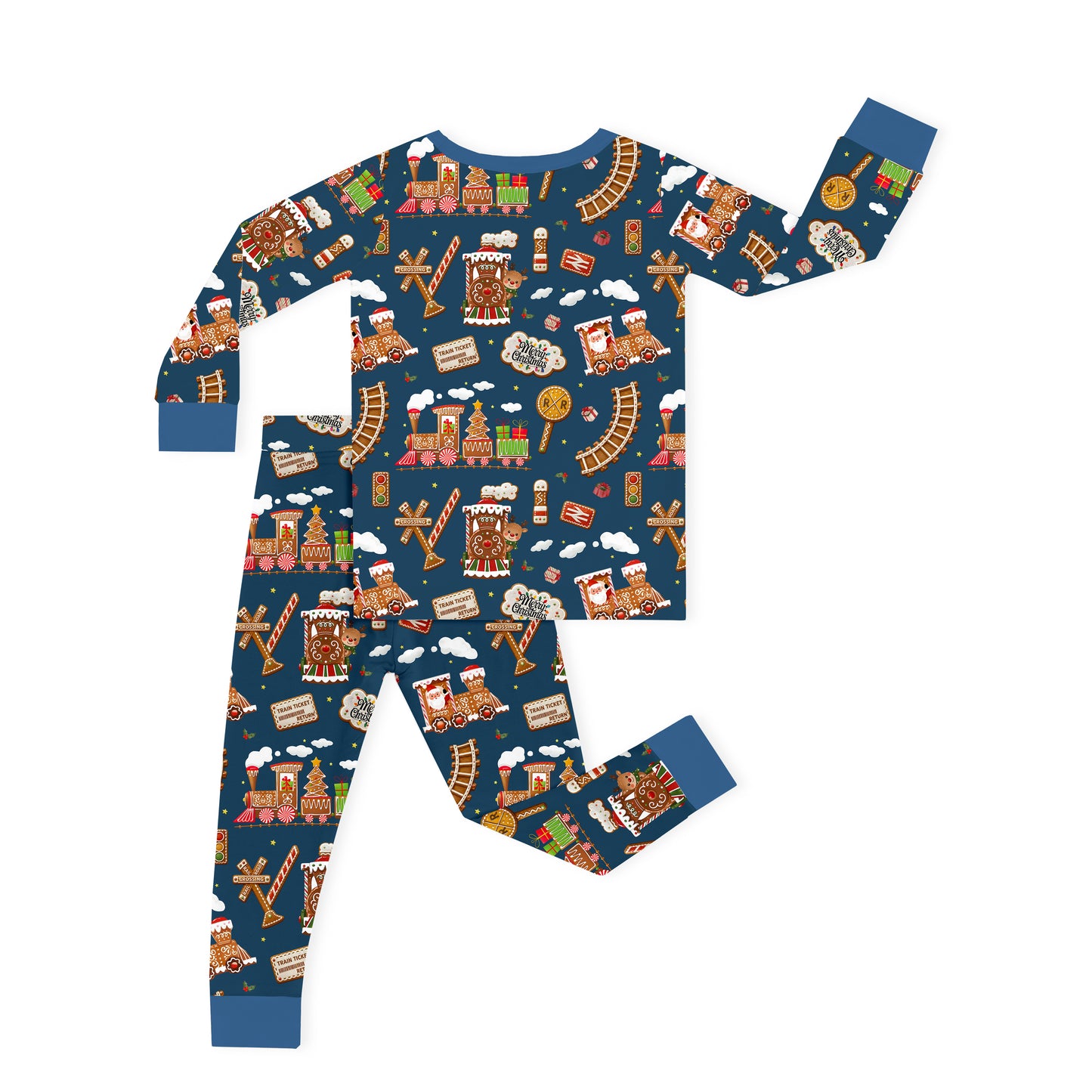 Christmas Gingerbread Train Navy Kids Bamboo Two-Piece Pajama Set