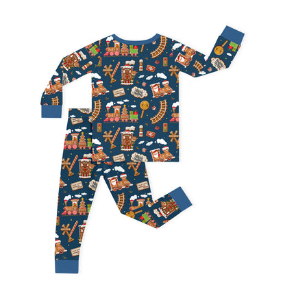 Christmas Gingerbread Train Navy Kids Bamboo Two-Piece Pajama Set