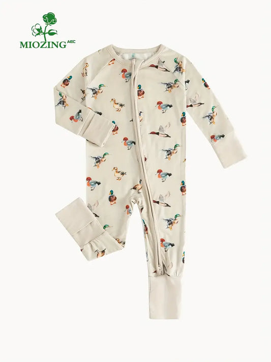 Bamboo Fiber Skin-Tone Base with Colorful Ducks Print Long Sleeve Zip-Up Bodysuit for Infants - Neutral, Stretchy, Random Print, Seasonal, Knit Fabric