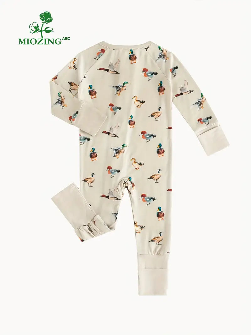 Bamboo Fiber Skin-Tone Base with Colorful Ducks Print Long Sleeve Zip-Up Bodysuit for Infants - Neutral, Stretchy, Random Print, Seasonal, Knit Fabric