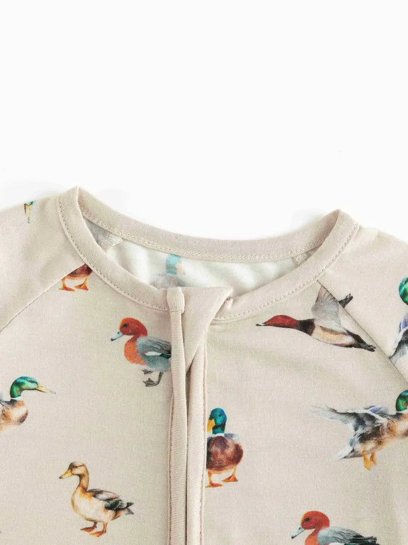 Bamboo Fiber Skin-Tone Base with Colorful Ducks Print Long Sleeve Zip-Up Bodysuit for Infants - Neutral, Stretchy, Random Print, Seasonal, Knit Fabric