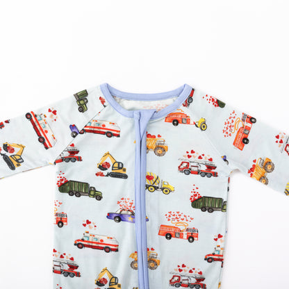 Valentine Hearts on Wheels Bamboo Zipper Romper Pajamas