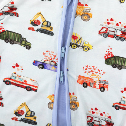 Valentine Hearts on Wheels Bamboo Zipper Romper Pajamas