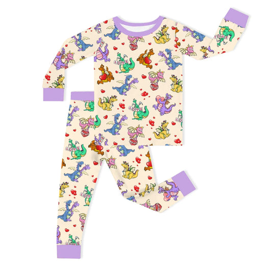 Valentine Dino Love Adventure and Hearts Kids Bamboo Two-Piece Pajama Set