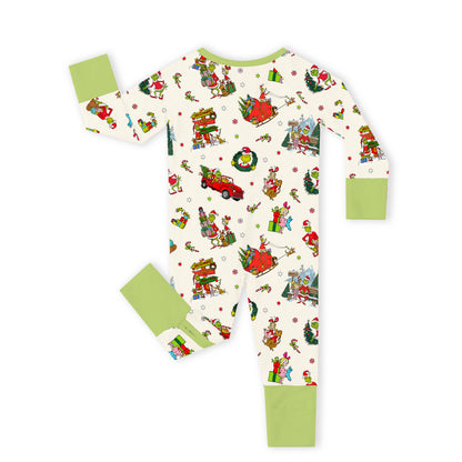 Christmas Green Face Sleigh Gift Ride and Candy Canes Bamboo Zipper Romper Pajamas