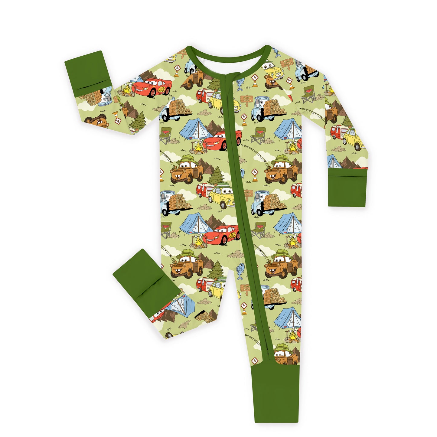 Summer Forest Camping Cars Bamboo Zipper Romper Pajamas