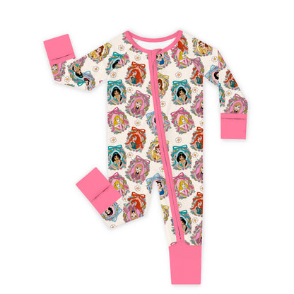 Pink Princess Royal Bow Bamboo Zipper Romper Pajamas