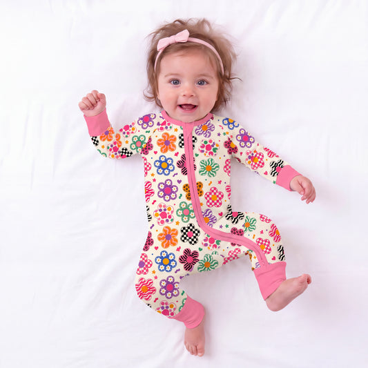 Groovy Daisy Power Pink Bamboo Zipper Pajama Romper