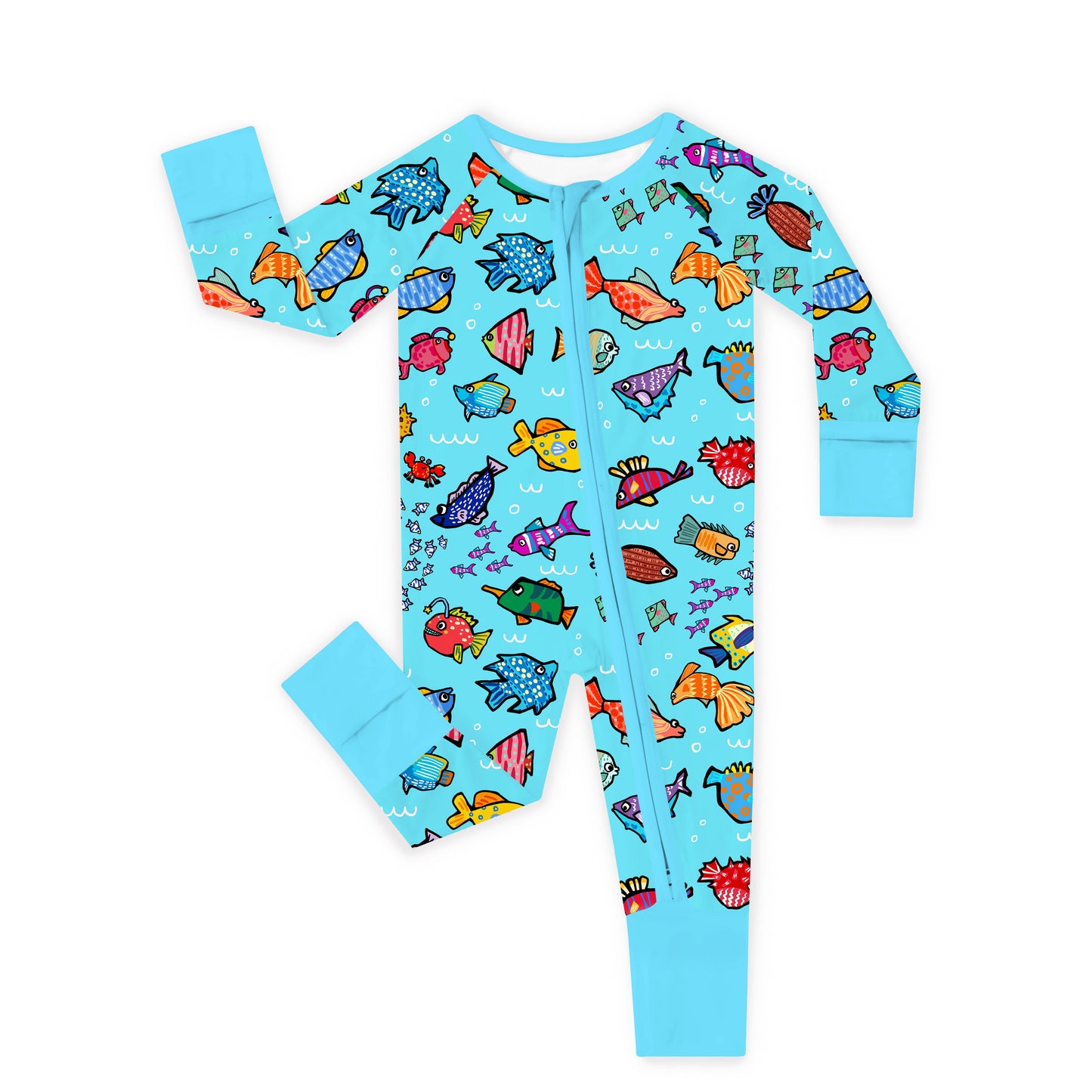 Baby Bamboo Zipper Pajama Romper Blue Ocean Fish Frenzy