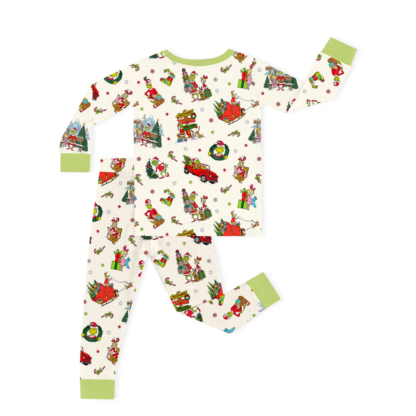 Christmas Green Face Sleigh Gift Ride and Candy Canes Kids Two-Piece Pajama Set