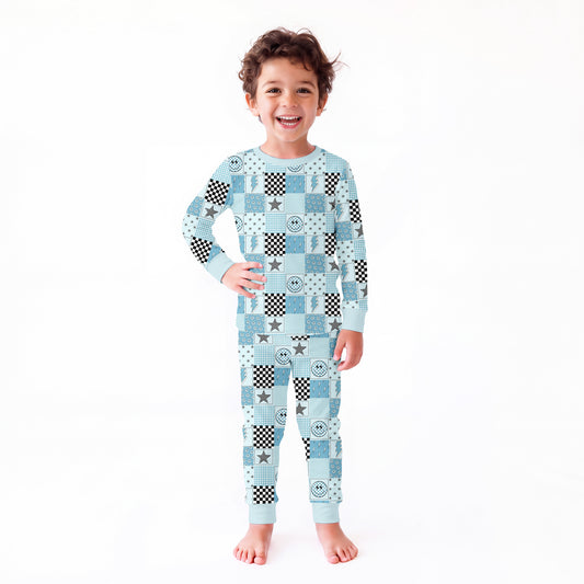 Electric Smiley Check Kids Two-Piece Pajama Set