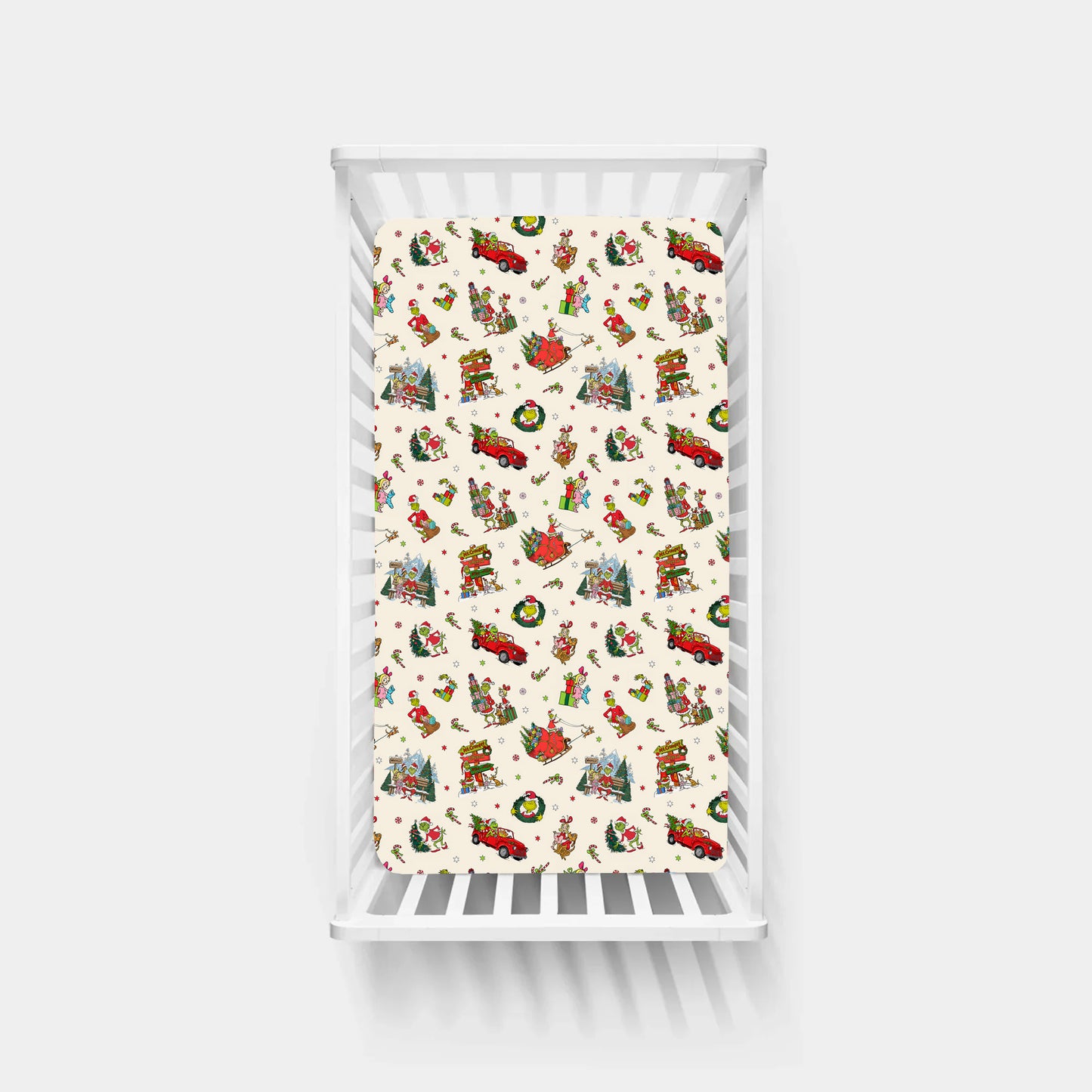 Christmas Green Face Sleigh Gift Ride and Candy Canes Bamboo Fitted Crib Sheet