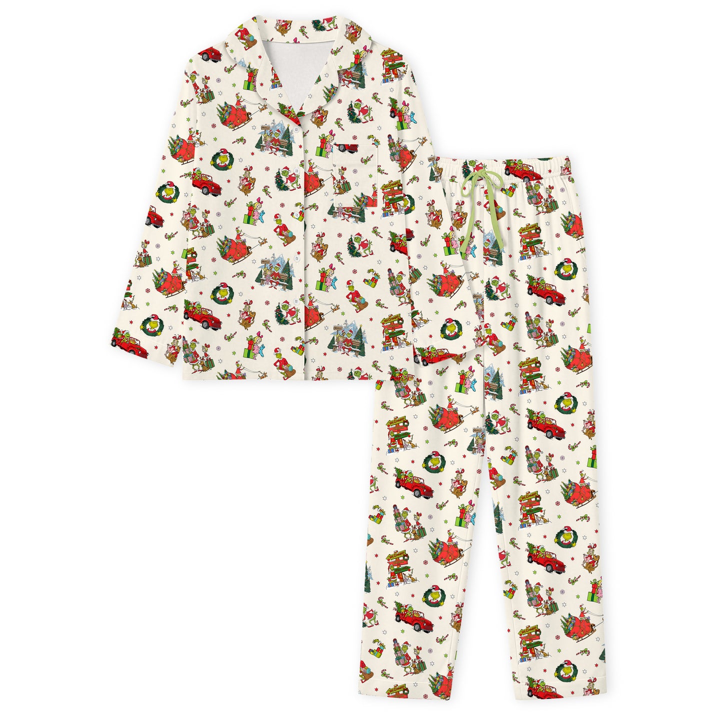 Christmas Green Face Sleigh Gift Ride and Candy Canes Print Bamboo Women's Pajamas Set