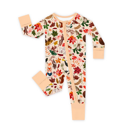 Autumn Woodland Wildlife and Fallen Leaves Peach Bamboo Zipper Romper Pajamas