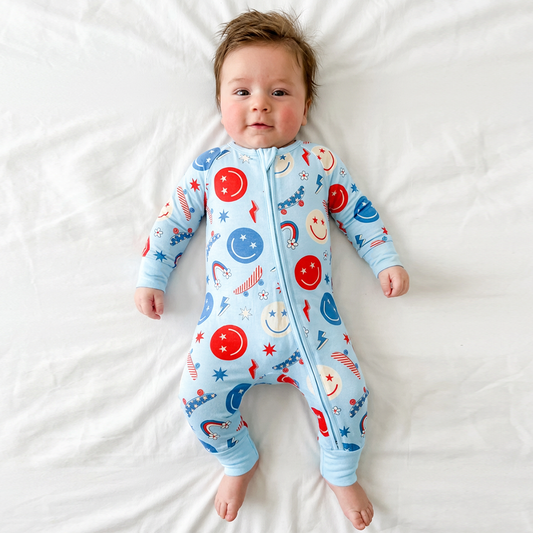 4th of July Smiley Faces and Colorful Rainbows Sky Blue Bamboo Zipper Romper Pajamas