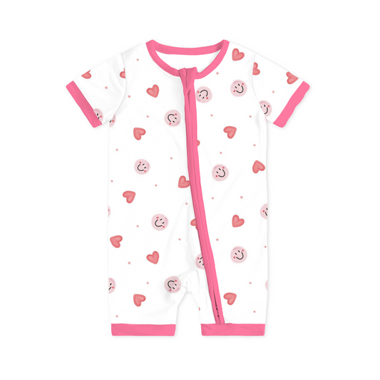 Sweet Hearts and Smiley Faces Pink Bamboo Short Bamboo Zippy Baby Romper