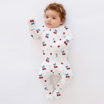 4th of July Cherry Bow Twinkling Stars Baby Bamboo Zipper Pajama Romper